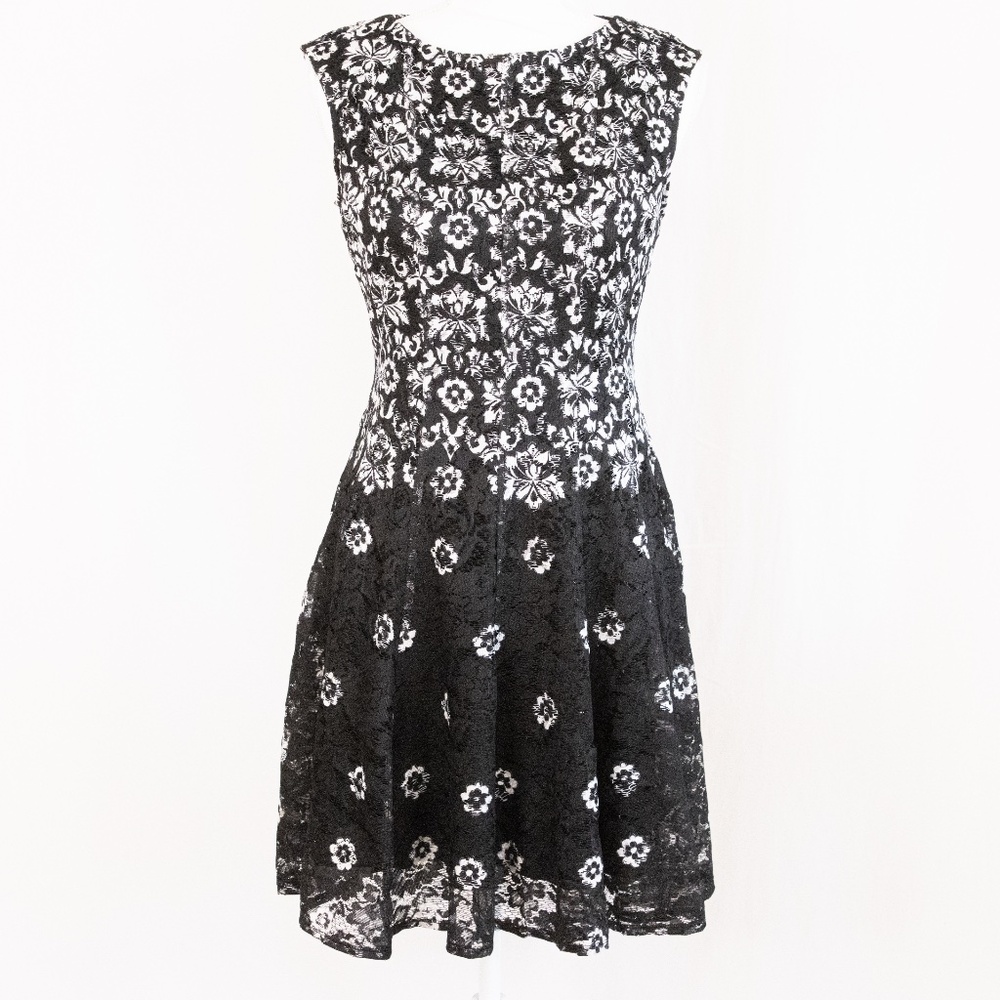 Danny & Nicole Black and White Floral Mini Dress w/ Lace Shell, Fully Lined, 4P